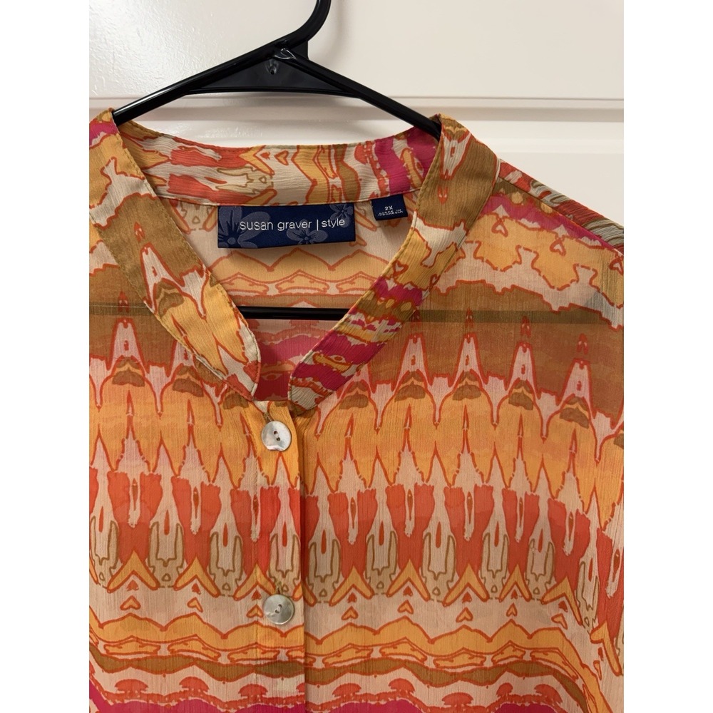 Susan Graver Style Semi Sheer Blouse Orange Pink Button Front Flowy Plus 2X